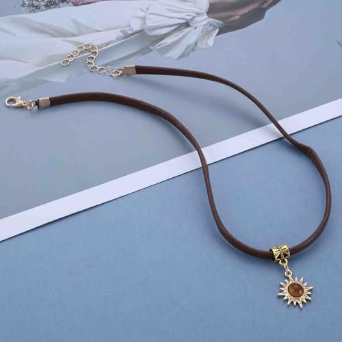 Aneneiceera Vintage Braune Leder Choker Halskette Winzige Sonnenblume Anhänger Halsketten Breite Braune Leder Halsketten Lederschnur Halskette Kette Schmuck Für Frauen