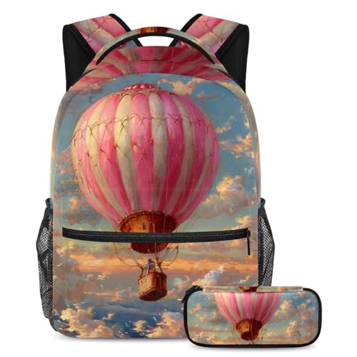 Sac à dos avec trousse motif montgolfière rose pour filles et garçons de 29x20x40cm