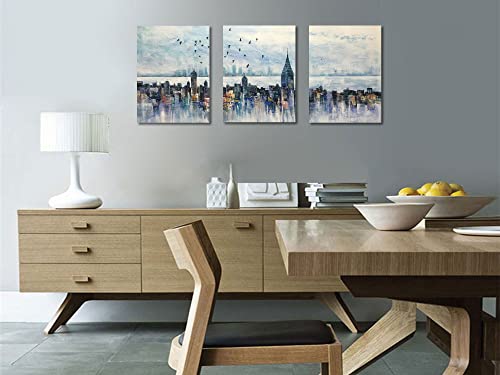 Arjun Cityscape Wall Art New York Skyline Buildings Picture Modern Abstract Grey Manhattan City View Birds Sky Painting Framed Artwork For Bedroom Living Room Bathroom Home Office Wall Decor 12"X16"X3 #TOP3