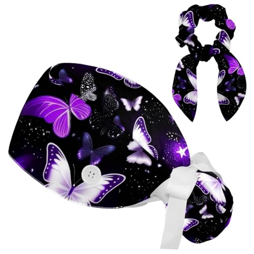 Image of Butterfly Scrub Cap Women with Ponytail & Buttons Adjustable Surgical Nurse Hat with Cotton Sweatband for Long Hair