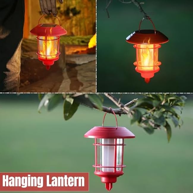 Dynaming 6 Pack Christmas Solar Flame Garden Lights Outdoor, Dual Use Flickering Flame Torch Candy Cane Pathway Marker, Xmas Hanging Lantern Lights, Waterproof & Auto On/Off for Patio Walkway Driveway
