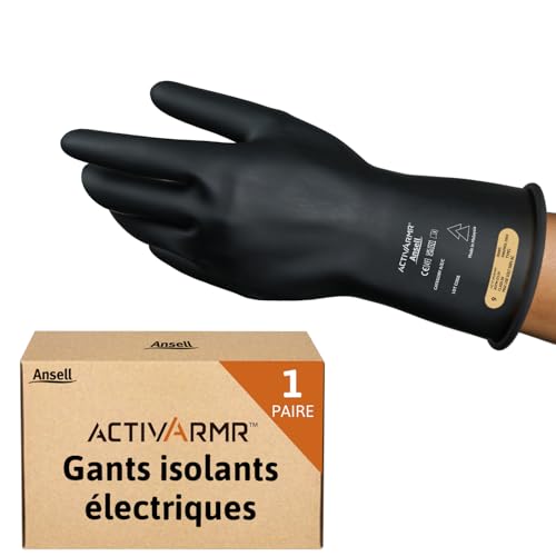 Ansell ActivArmr Gants Electricien, Protection Électrique Classe 00 (Tension 500V), Isolants en Latex de Caoutchouc Naturel, EPI Professionel, 28cm, Noir,...