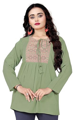 Image of Tunic for Women | Stylish Kurti Tops for Women | Casual Ethnic Kurti with Embroidered Neck Design Office Wear Trendy Kurti Top