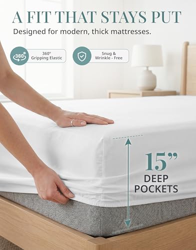Image of LANE LINEN King Size Sheets Set - 450 Thread Count Long-Staple 100% Cotton Sheets, Naturally Cool & Durable for Everyday Use, 15 inch Deep Pocket Fitted Sheet with All-Around Elastic for Snug Fit - White