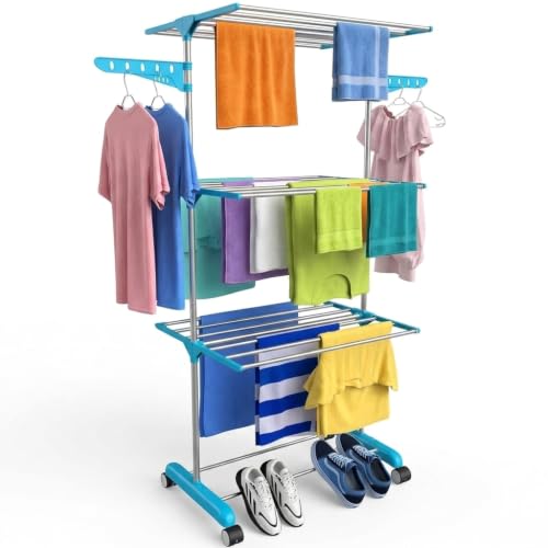 Image of H Houseware Single Pole Stainless Steel 3 Tier Cloth Drying Stand with Wheels | Foldable Clothes Dryer & Laundry Rack | Rustproof & Portable | 43.2D x 78.7W x 165H cm(Blue)