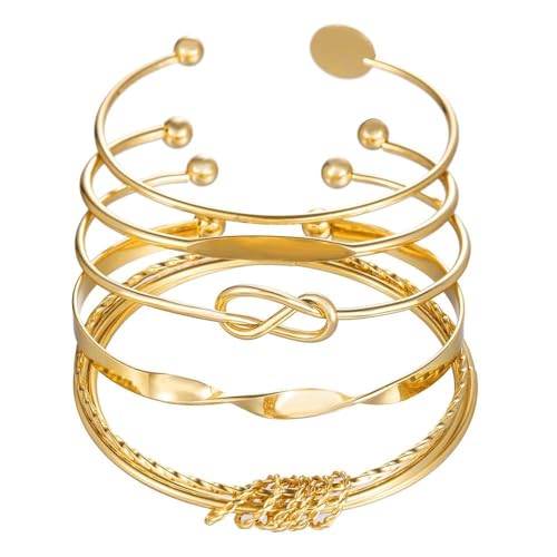 FDEETY 5 Stück Armbänder Set Damen Mehrlagiges Stapelbares Armband Armreif Knoten Kreis Ring Öffnen Geometrisch Armbandset Mode Schmuck Geschenk für Mädchen Frauen (Gold)