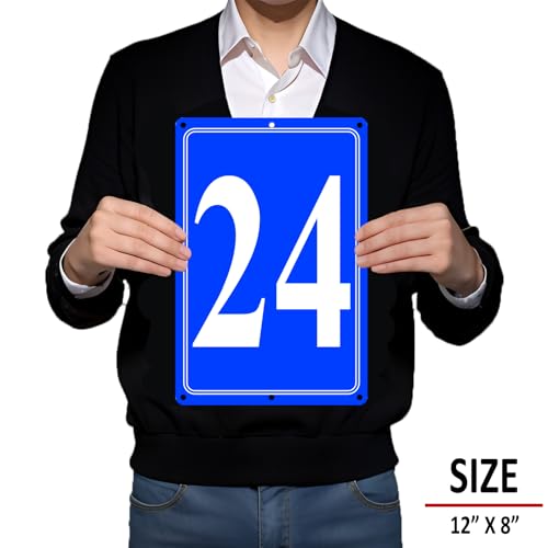 Image of Premium Aluminum Number Signs 24, Metal 12 inch X 8 inch Blue Numbered Signs Outdoor for Parking Lots, Floor, Dock, Court, Aisle, Field, High Visibility, No Fade, Weather-resistant