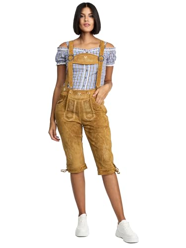 Steigenhöfer Lederhose Damen Tracht Shorts Kniebund - 100% Rindsleder - Clara - Traditionelle Kurze Hose für Frauen - Inklusive verstellbaren Trägern - Dirndl Alternative - Hellbraun - 34
