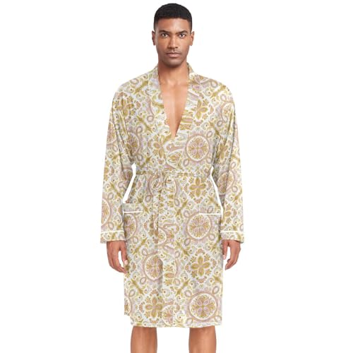 Amooorous Albornoz para hombre, estilo bohemio, retro, moderno, floral, cachemira, dorado, melocotón, manga larga, cuello de chal, albornoz, para hombre, spa, dormitorio universitario, talla L