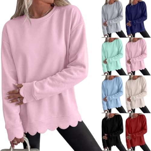 Womens Oversized Crewneck Sweatshirt Scalloped Hem Fall Pullover Tops - image 1