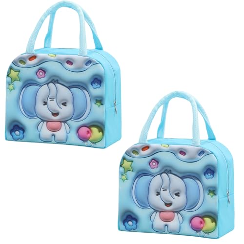 Image of Kraptick Printed Lunch Bag - Insulated Travel Tiffin Bag for Kids & Adults, Reusable Lunch Bag for Office, School Meal Organizer (Blue Elephant) (Pack of 2)