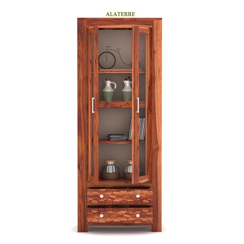 Image of Wood Book Shelf for Home Library | Wooden Book Shelf with Glass Door | Kitchen Crockery Cabinet, Almirah, Home Furniture, Books Rack, Book Stand, BookCases, Shelves, Honey Finish