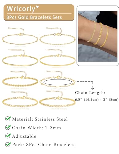 8Pcs Gold Bracelets 18K Gold Plated Stainless Steel Chain Bracelet Satellite Bead Box Herringbone Rope Paperclip Figaro Cuban Link Bracelet for Women Silver Gold Tone 6.5 Inches Adjustable2