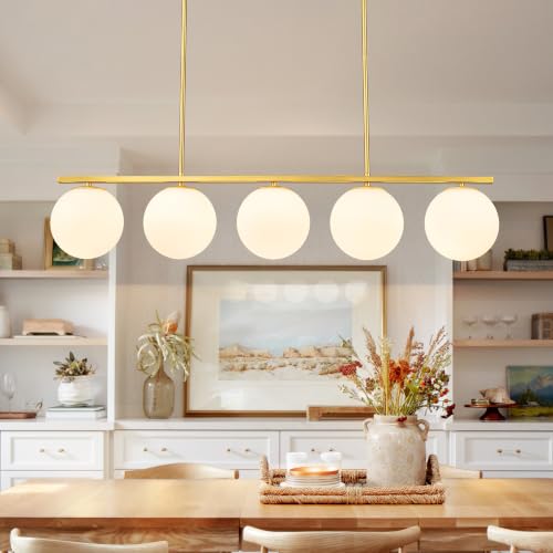 Image of 40.94 inch Gold Linear Chandelier with 7.09 inch Milk Glass Globes Shade