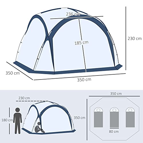 Outsunny Tente de Camping dôme familiale pour 6-8 Personnes avec 4 Portes en Filet zippées, Tissu Oxford Amovible, Crochet pour Lampe, Sac de Transport dim. 350L x 350l x 230H cm - Blanc et Bleu – Image 6