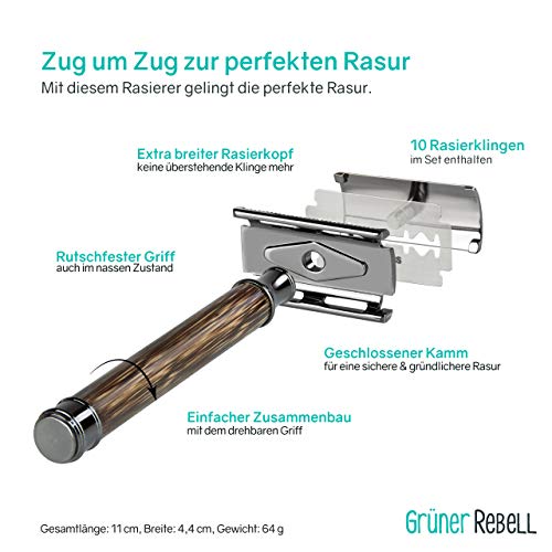GRÜNER REBELL® Rasierhobel Set mit Bambus Griff & extra breitem Rasierkopf für eine noch sicherere Rasur! Der ZERO WASTE… - Image 3