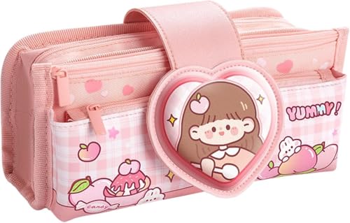 Image of Invite Canvas Kawaii Pencil Case 3 Compartment Cute Aesthetic Pencil Case for Girls Large Capacity Pen Pencil Pouch Multifunctional Stationery Organizer for School Office Kids (Heart shape-Light Pink)