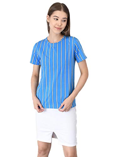 Image of KOTTY Blue Striped Cotton Women T-Shirt