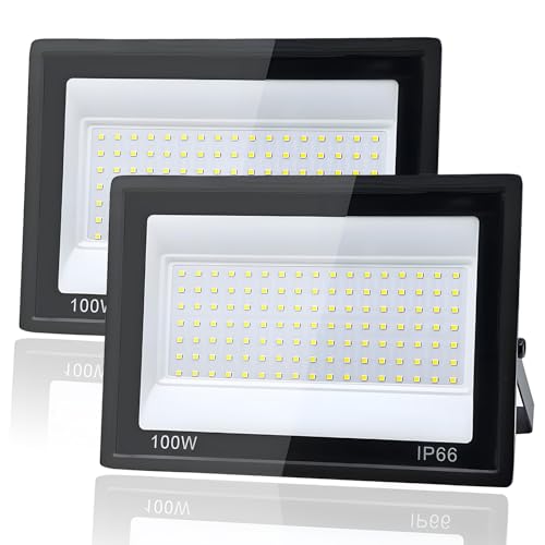 2 Piezas Focos LED Exterior 100W, Tkdaksy 1M Cable Blanco Frío 6500K Proyector LED Exterior, Resistente al Agua IP66 Foco Proyector LED, 10000LM para Terrazas, Patios, Cuadrado, Parques, Garajes, Fábr
