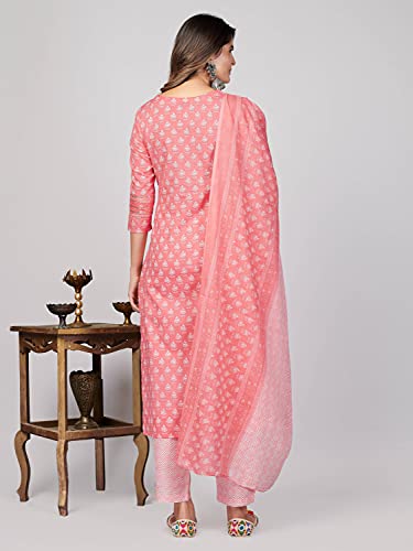 Image of Vbuyz Women's Printed & Embroidered Straight Cotton Stitched Kurta With Dupatta
