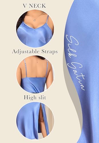 Image of ALCEA ROSEA Women's Long Satin Slip Dress Nightgowns Sexy Lingerie Adjustable Strap Midi Dress Silky Gown V Neck Under Dress