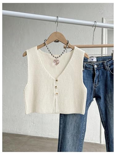Image of SweatyRocks Women's Button Front Sweater Vest Split V Neck Sleeveless Crop Knit Tops