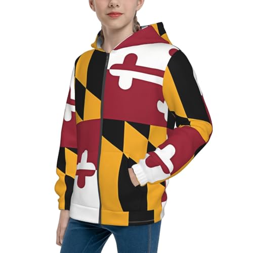 Flag of Maryland Print Girls Athletic Zip Up Hoodies,Sweatshirts with Pockets Long Sleeve Hooded Jackets, for 7-18 Y