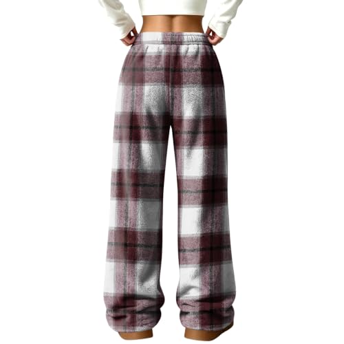 Women's Wide Leg Pants Elastic Waist Buffalo Plaid Flannel Fluffy Pant - image 7