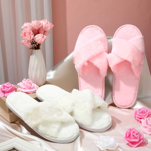 Image of JenPen 7 Pairs Bridesmaids Slippers Women's Cross Band Fuzzy Bachelorette Party Slippers for Wedding Bridal Party