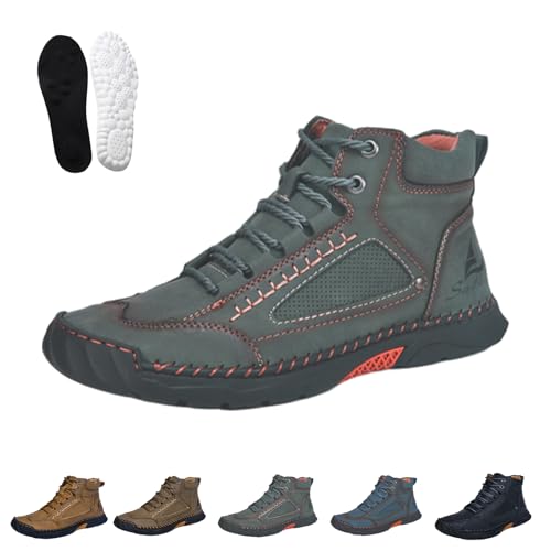 Argumub Zapatos de Hombre Anchos Para Senderismo Y Trabajo Botas De Cuero Impermeable Hecho A Mano Con Soporte De Arco, verde, 39 EU