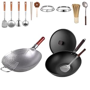 13.4” Chinese Wok Round Bottom Wok & 12.9” Wok Pan with Lid, Woks & Stir-fry Pans with 12 Cookware Accessories Bundle Deal