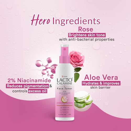 Image of Lacto Calamine Rose Water Toner For Glowing Skin|120ml Each- Pack of 2| Gulab Jal Face Toner|Rosewater- Aloe Vera & 2% Niacinamide| Cleanses, Hydrates & Moisturises Skin|No Sulphate,Alcohol & Parabens