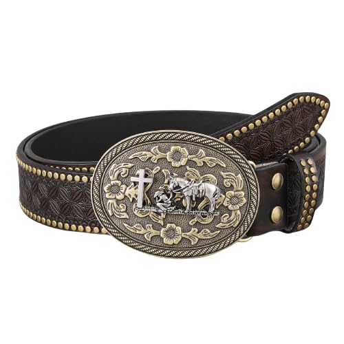 Unisex Longhorn Bull Western Cowboy Rodeo Buckle Brown Leather Floral Engraved Belt For Jeans Pants Dress