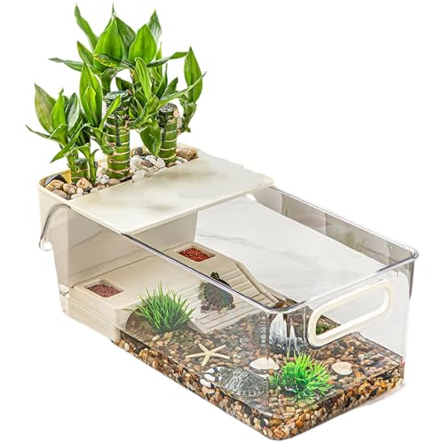タートルタンク - 透明なアクリルビルド、広々とした繁殖箱、透明な水の生息地、昇格したバスキングステージ|小さなペット水族館、ヤモリのエンクロージャー、両生類エリア、魚の展示、ザリガニの容器