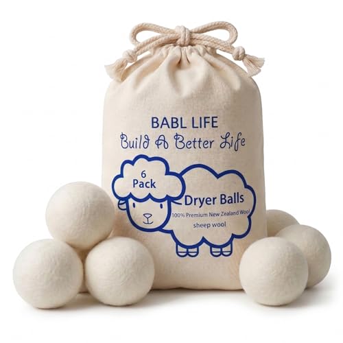 BABL LIFE Wool Dryer Balls 6 Pack, 100% New Zealand Wool, Reusable Dryer Balls for Laundry, Natural Fabric Softener, Helps Reduce Drying Time, Wrinkles & Static Cling, 2.6 Inch