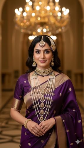 Image of TAZAKKA satlada traditional indian seven stand pearl necklace mughal hisporicall with jadavi earrings side jhumar maang tikka 5pies set