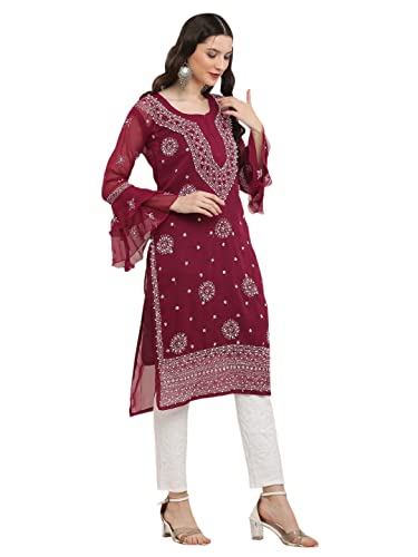 Image of FAWOMENT Women's Designer Georgette Straight Kurta with Hand Crafted Lucknowi Chikankari Embroiderey Emblemished Moti Work Along