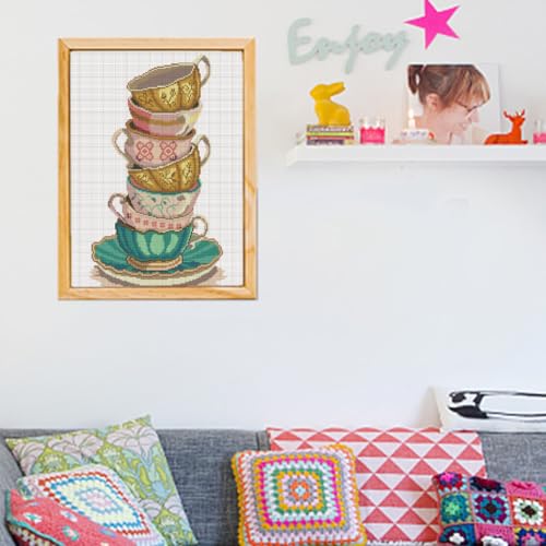 Image of FREEBLOSS Cross Stitch Kits for Beginners Tea Cups Stamped Cross Stitch Patterns Landscapes Cross Stitch Wall Hanging Kit DIY Embroidery Needlepoint Kit Embroidery Kit for Adults 35x50cm