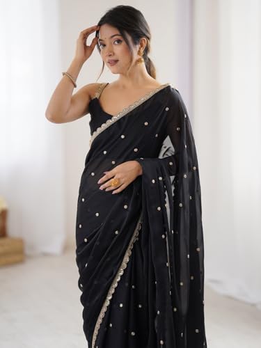 Image of AKHILAM Women's Pure Georgette Embroidered Saree With Unstitched Blouse Piece