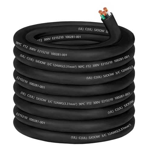 100ft 12/3 Wire 12AWG SJOOW Cable Wire 12 Gauge SJOOW Cord Portable Power Cable 300V 3 Conductor 12/3 Gauge Extension Cord for Motor Lead Generator Light NEMA 14-20 RV Invert EV Car Battery Charger