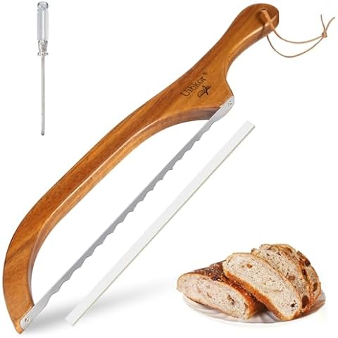 Uibkor Wooden Bread Bow Knife, 16" Serrated Bagel Knife, Serrated Sourdough Cutter, Premium Stainless Steel Serrated Saw Bread Cutter, Bread Slicer Knife for Homemade Bread, Bagels, Baguettes and More Cover