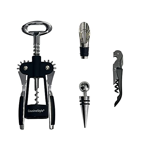 COUSINESTYLE - Juego de 4 Accesorios para Vino con Sacacorchos Vino, Abridor vino, Vertedor y Tapón. Set completo y de amplia aplicación, la mejor opción Cover