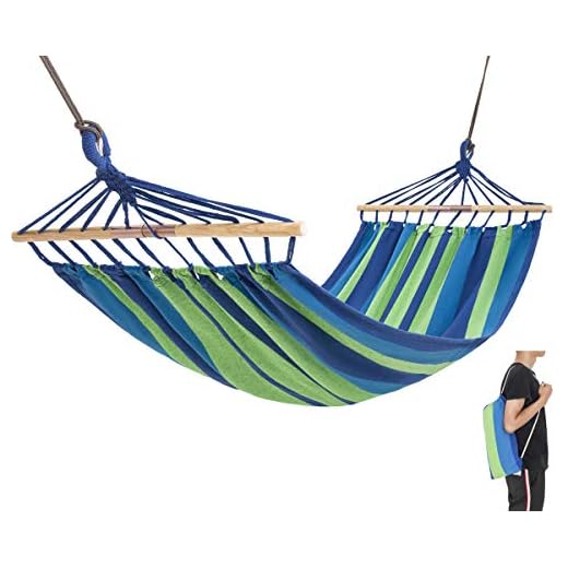 KingCamp Single Protable Cotton Hammock with Foldable Wood Spreader Bars Ropes for Indoor Outdoor Garden Patio Yard Camping Travel, Supports 220lbs, Carry Bag Included, Blue