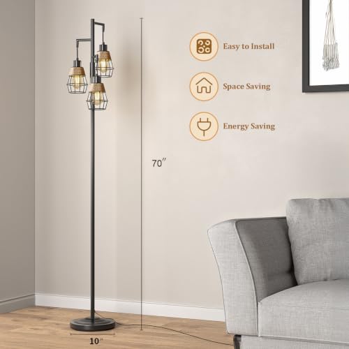 Image of Oneach 70 inch Floor Lamps for Living Room, Stepless Dimmable Boho Floor Lamp with 3 Bulbs, Tall Farmhouse Industrial Corner Standing Tree Lamp for Bedroom, Office, Study Room, Dining Room, Black