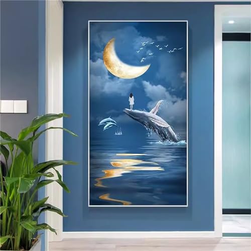 Diamond painting 5D baleine et lune par Fheeao, kit complet XXL de broderie 80x185 cm
