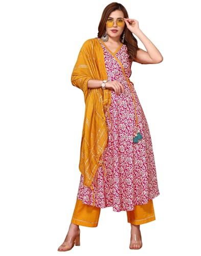 Image of SKYLEE Women's Printed & Gota Lace Cotton Silk Anarkali Kurta Set with Dupatta