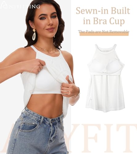 Image of Women Halter Tank Top with Built in Bra Flowy Sleevless Padded Camisole Loose Fit Summer Shirt Top S-3XL