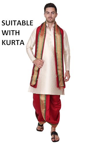 Image of Rameshwaram Fabrics Readymade Dhoti for Men, Velcro Style Stitched Mens Silk Dhoti Pant with Stole Set