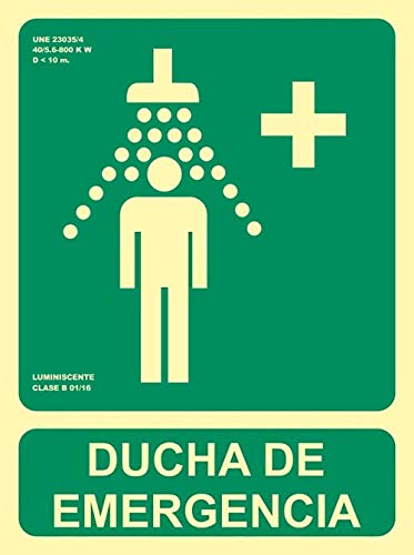 Becral® - Señal luminiscente DUCHA DE EMERGENCIA PVC 0,7mm Clase B 224X300mm homologado CTE, RIPCI nueva ley ref.RD14107
