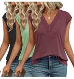 Picture of UPOLOLO 3 Pack Womens Tops V Neck T-Shirts Summer Fashion Cap Sleeve Tees Basic Cute Tank Tops 2025 Comfy Casual Blouses Beach Vacation Clothes Workout Spring Outfits,Redwood+Light Green+Black,S